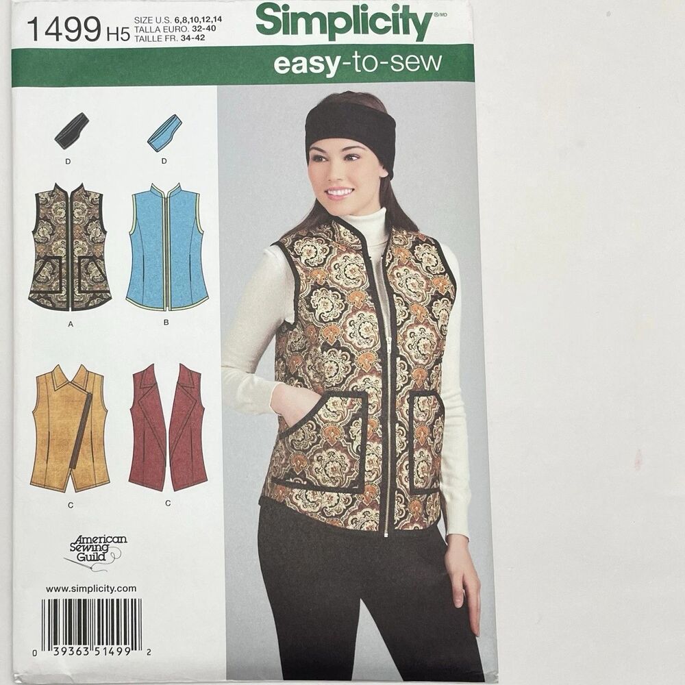 Pattern Misses Size 6-14 H5 Quilted Vest Headband Easy Simplicity 1499 New/Uncut